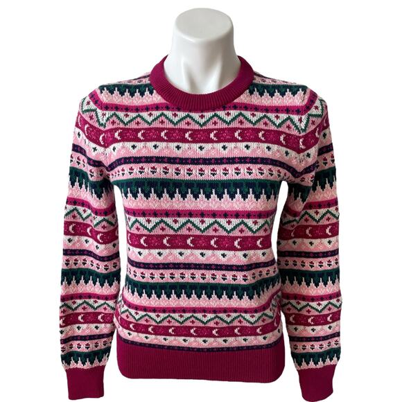 J.Crew Factory Fair Isle Cotton Sweater Crewneck Long Sleeve Pink Green Blue XS - Picture 1 of 13